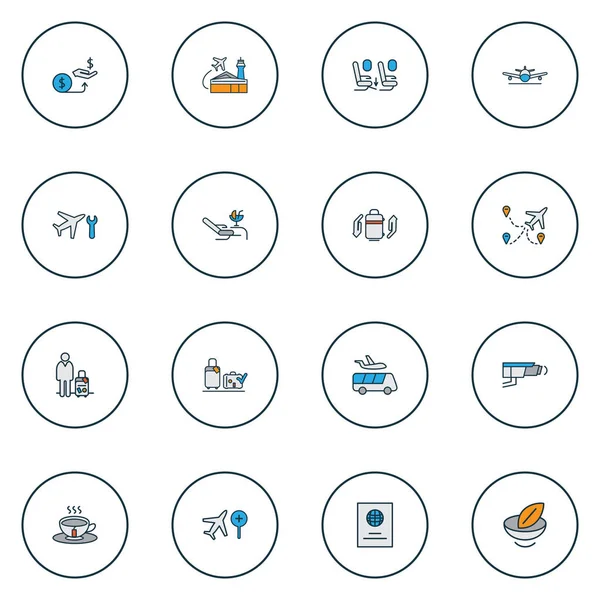 공항 셔틀, 채식주의 음식, 공항 건물 및 다른 채식 요소 설정 아이콘 색된 라인 여행. 고립 된 그림 여행 아이콘. — 스톡 사진