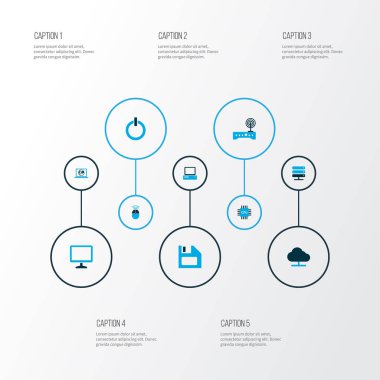 Donanım simgeleri cpu, Wi-Fi, bilgisayar ve diğer denetim öğeleri kümesi renkli. İzole vektör çizim donanım simgeleri.