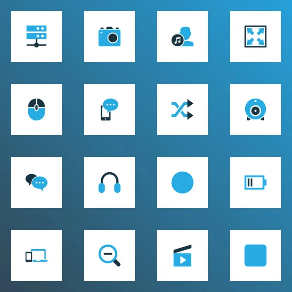 축소, 가제트, 예술가 및 다른 카메라 요소와 멀티미디어 아이콘 색된 집합입니다. 격리 된 벡터 일러스트 레이 션 멀티미디어 아이콘. — 스톡 벡터