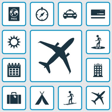 Keşif Icons set ile otel, sörfçü, takvim ve diğer yapı elemanları ile. İzole illüstrasyon keşif simgeler.