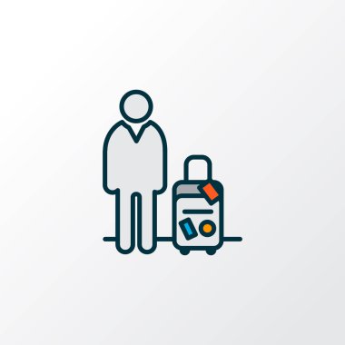Seyahat çantası simgesini renkli çizgi sembolü olan bir adam. Premium kalite izole turist öğe trendy tarzı.
