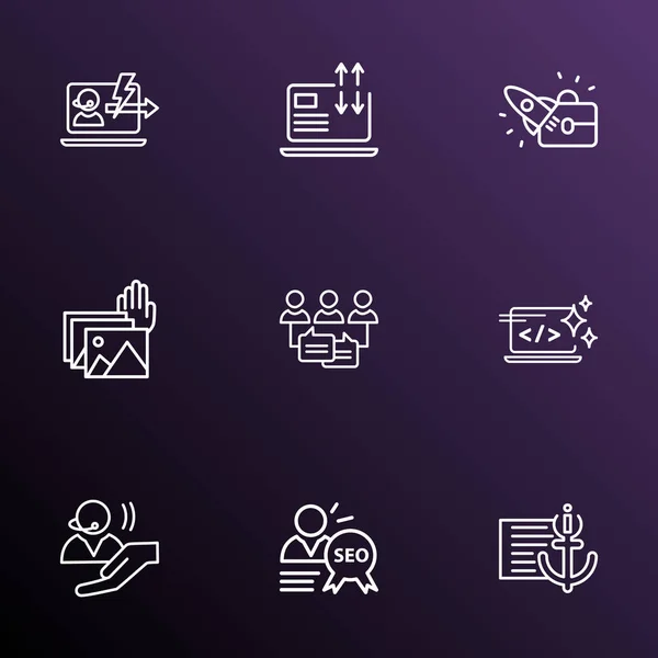 Engine icons line style set with photo presentation, assistance, clean code and other support elements. Isolated  illustration engine icons. — Stock Photo, Image