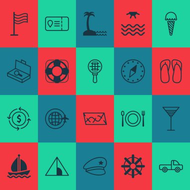 Turizm simgeler arama Bagaj, dondurma, kayış ve öğeleri kontrol diğer bavul ile ayarlayın. İzole vektör çizim Turizm simgeler.