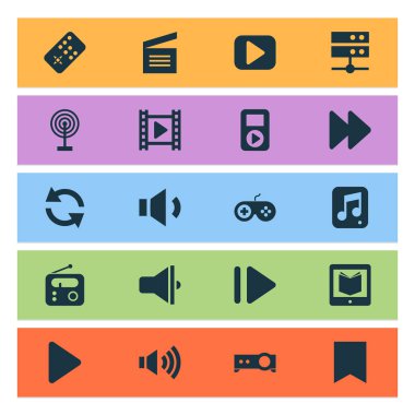 Medya Icons set öğrenme, radyo ve diğer öğeleri eşitlemek oyun ile. İzole vektör çizim medya simgeler.