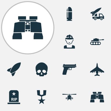 Savaş simgeler topçu, helikopter, savaş ve diğer bilgi öğeleri ile ayarlayın. İzole vektör çizim Harp simgeler.