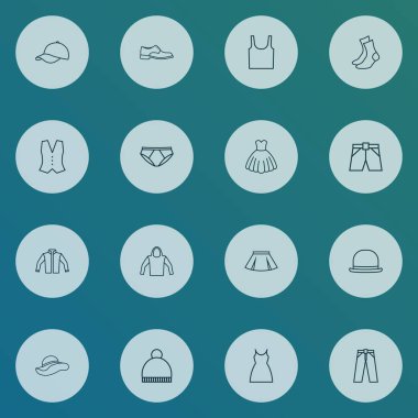 Panama, ceket, elbise ve diğer panama öğeleri ile ayarlamak simgeleri çizgi stili giysi. İzole vektör çizim giysi simgeler.