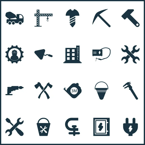 Icone industriali set con set di chiavi, ostello, mandrino e altri elementi bullone. Isolato vettoriale illustrazione icone industriali . — Vettoriale Stock
