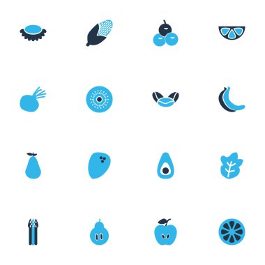 Gıda simgeler kümesi barbunya fasulyesi, kuşkonmaz, mandalina bakire öğeleri ile renkli. İzole illüstrasyon gıda simgeler.