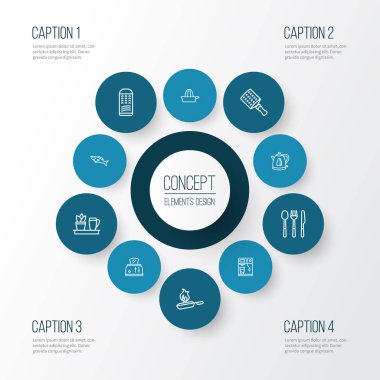 Mutfak simgeler stil kümesi rende, balık, el rende çaydanlık öğeleri satır. İzole illüstrasyon mutfak simgeler.