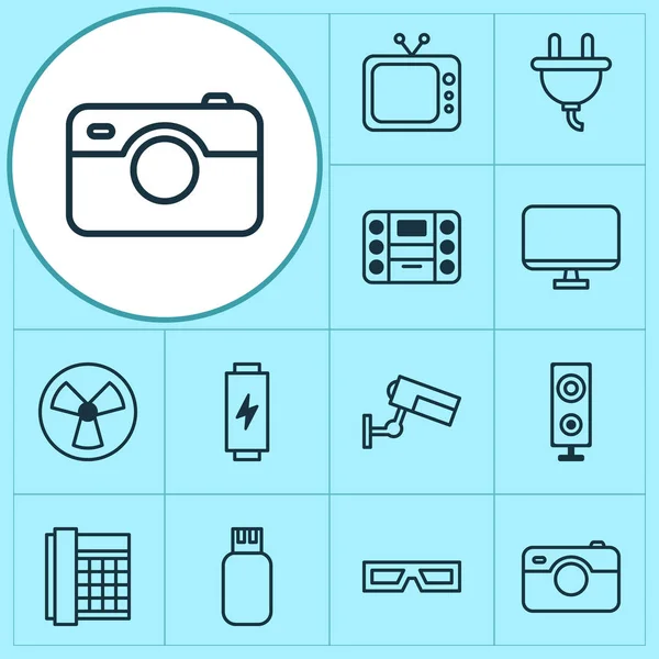 Gadget icons set with flash drive, room fan, loudspeaker and other photo apparatus elements. Isolated  illustration gadget icons. — Stock Photo, Image