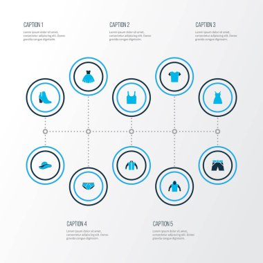 Giysi simgeler kümesi elbise, elbise, bluz ve diğer şık şapkalar öğeleri ile renkte. İzole vektör çizim giyim simgeler.