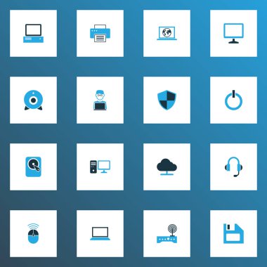 Düğme, disket ve diğer kamera öğeleri Başlat bilgisayar simgeler kümesi ile online bulut, renkli. İzole vektör çizim bilgisayar simgeler.