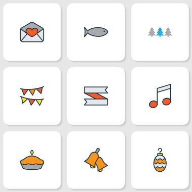 Zil ile müzik notu, ayarla satır renkli yıl kutsal kişilerin resmi mektup ve diğer kalp posta öğeleri seviyorum. İzole vektör çizim yıl simgeler.