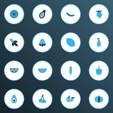 Meyve simgeler kümesi bezelye, ahududu, armut ve diğer sağlıklı öğeleri ile renkli. İzole vektör çizim meyve simgeler.