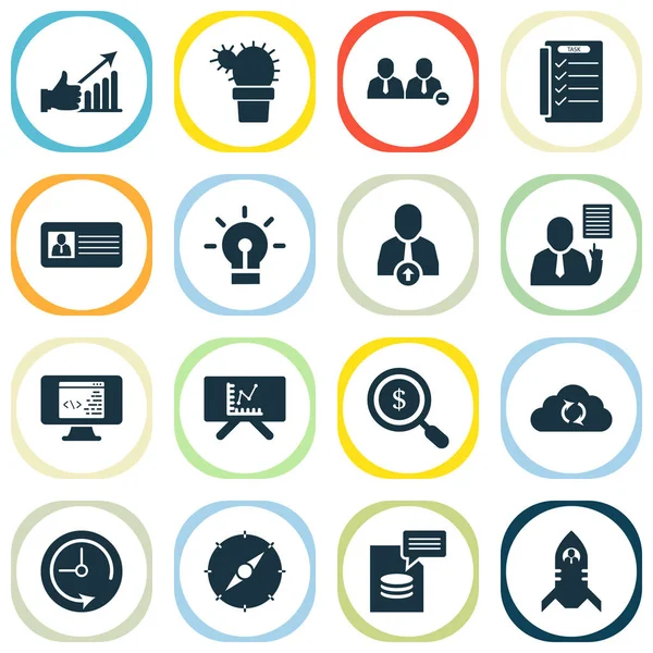 Team icons set with cloud sync, analytics board, upward leveling and other synchronize data elements. Isolated  illustration team icons.