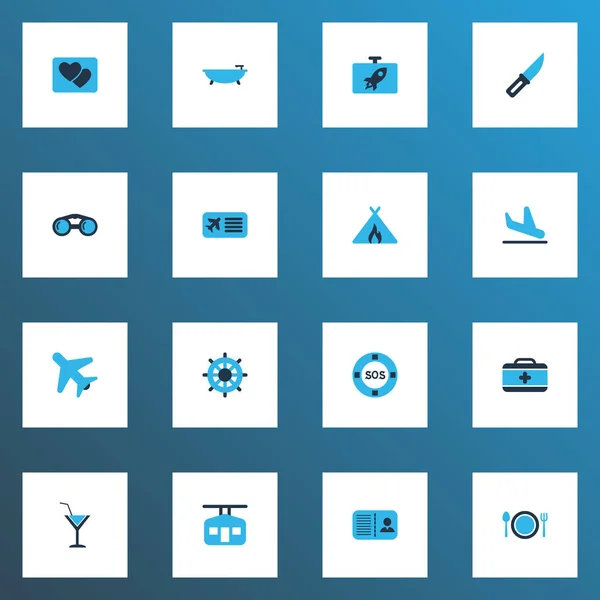 Reise-Symbole farbiges Set mit Kolben, Flugzeug am Himmel, Flugticket und anderen Wannenelementen. isolierte Illustration Reise-Ikonen. — Stockfoto