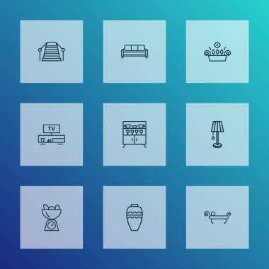 House simge stil merdiven, Osmanlı, kanepe ve diğer seramik öğeleri kümesi satır. İzole vektör çizim ev simgeler.