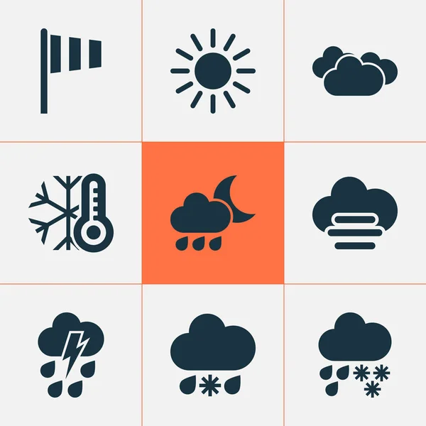 Ícones climáticos com elementos de trovoada chuvosos, frios, enevoados e nublados. Isolado vetor ilustração climática ícones . — Vetor de Stock