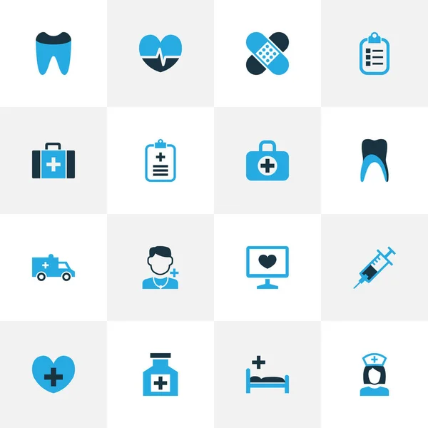 Iconos de la medicina de color conjunto con garra, botiquín de primeros auxilios, latidos del corazón y otros elementos adicionales. Iconos de medicina de ilustración vectorial aislado . — Vector de stock