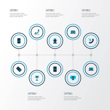 İletişim simgeler ile mobil ağ, bilgisayar operatörü, posta üstünde laptop ve diğer smartphone öğeleri kümesi renkte. İzole vektör çizim iletişim simgeler.