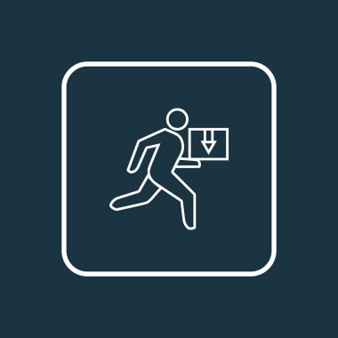 Teslimatçı ikon çizgisi sembolü. Moda tarzında birinci kalite izole kurye ögesi.