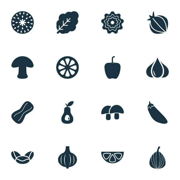 Conjunto de iconos vegetales con cacahuete, pimiento, guacamole y otros elementos de champiñón. Iconos de vegetales de ilustración vectorial aislado . — Vector de stock