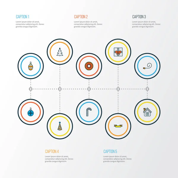 Happy icônes ligne de couleur sertie d'arbre de Noël, canne à bonbons, chapeau de fête éléments de boule de Noël. Illustration vectorielle isolée icônes heureuses . — Image vectorielle