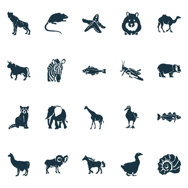 Fauna pictogrammen instellen met Sprinkhaan, olifant, hyena's en andere elementen van het paard. Geïsoleerde vector illustratie fauna pictogrammen. — Stockvector