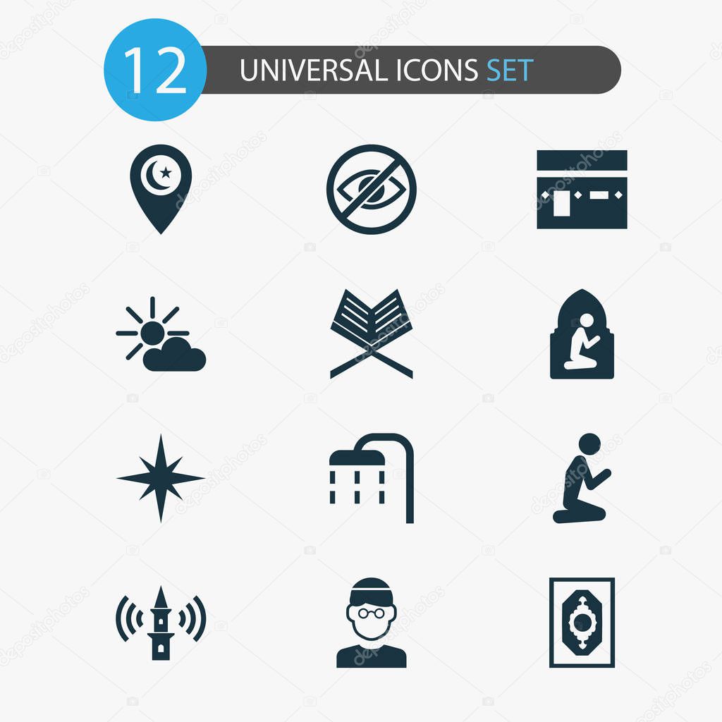 Religion icons set with adhaan, asr, prayer and other direction  elements. Isolated vector illustration religion icons.