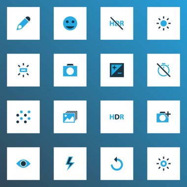 Görüntü simgeler hdr, Galeri, fotoğraf çekimi ve diğer döndürme sol öğeleri ile set renkli. İzole illüstrasyon görüntü simgeleri.