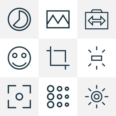 Resmi simgeler çizgi stili merkez odak, yakalama, parlaklık ve diğer merkez odak ile öğeleri ayarlayın. İzole illüstrasyon resim simgeleri.