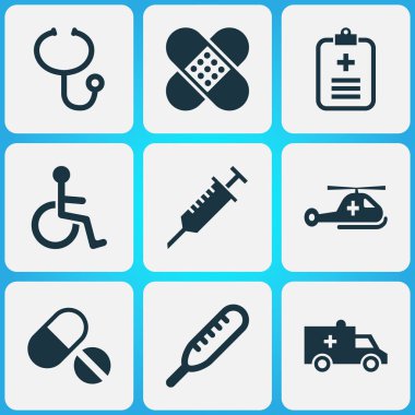 Antibiyotik simgeler helikopter, sokması, çiftliğe ve Engelli diğer öğeleri ile ayarlayın. İzole illüstrasyon antibiyotik simgeler.