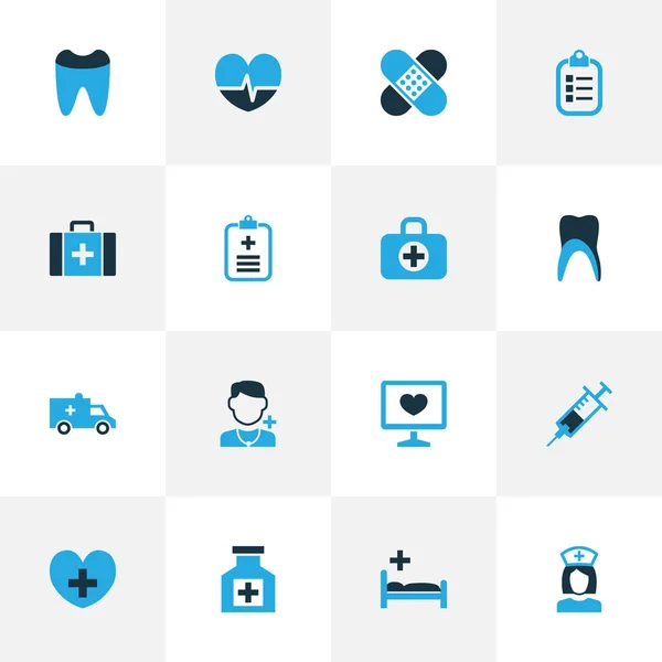 Icone medicinali colorate con artiglio, kit di pronto soccorso, battito cardiaco e altri elementi plus. Isolate icone della medicina illustrativa . — Foto Stock