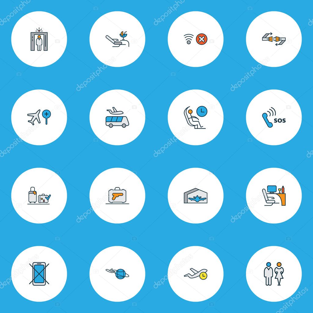 Transportation icons colored line set with seatbelt, emergency contact, flight time and other valise elements. Isolated vector illustration transportation icons.