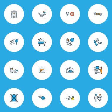 Havaalanı simgeler emniyet kemeri, acil durumda aranacak kişi, uçuş süresi ve diğer valiz öğeleri ile ayarla satır renkte. İzole illüstrasyon Havaalanı simgeler.