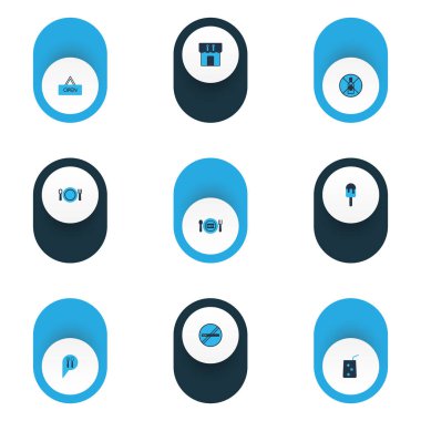 Restoran simgeler kümesi ile buzlu şeker, Restoran PIN, yeni yemek ve diğer sigara öğeleri yasak renkte. İzole vektör çizim Restoran simgeler.