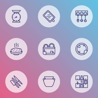 Gastronomi Simgeler stil kirli tabak, mutfak ölçekler, sıcak pirinç ve diğer seramik öğeleri kümesi satır. İzole vektör çizim Gastronomi Simgeler.