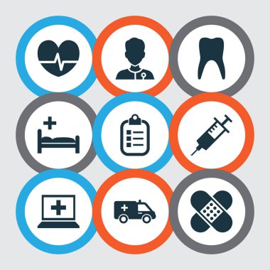 Antibiyotik simgeler şırınga, bilgisayar, klinik ve diğer işareti öğeleri ile ayarlayın. İzole illüstrasyon antibiyotik simgeler.