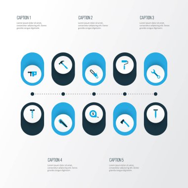 Balta, çekiç, elektrikli alet ve diğer vida öğeleri kümesiyle renkli onarım simgeler. İzole illüstrasyon onarım simgeler.