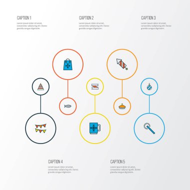 Tatil simgeler renkli çizgi balık, kupa, kuyu ve diğer kağıt çanta öğeleri ile ayarla. İzole illüstrasyon tatil simgeler.