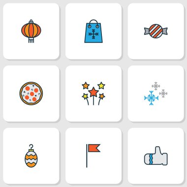 Yeni simgeler İtalyan pizza, Noel alışveriş, eldiven ve diğer ışıltı öğeleri ile ayarla satır renkte. İzole illüstrasyon yeni simgeler.