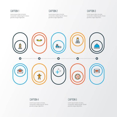 Mutlu simgeler kar taneleri, kış şapka, afiş ve diğer pizzacı öğeleri ile ayarla satır renkte. İzole illüstrasyon mutlu simgeler.