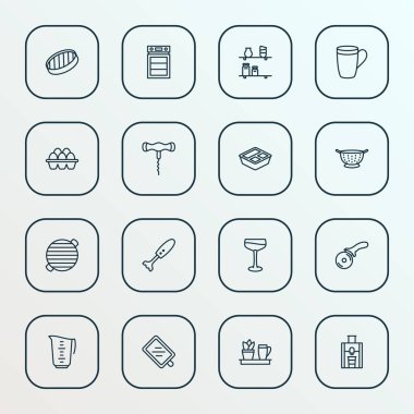 Çizgi stili simgeler pişirme kupa, kupa, mutfak bitki ve diğer Barbekü öğeleri ölçme ile ayarlayın. İzole illüstrasyon simgeler pişirme.