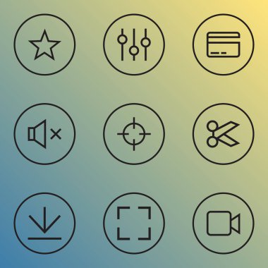 Hedef, kart, sessizlik ve dilsiz başka öğeler ile ayarlamak simgeleri çizgi stili arabirim. İzole illüstrasyon arayüzü simgeler.