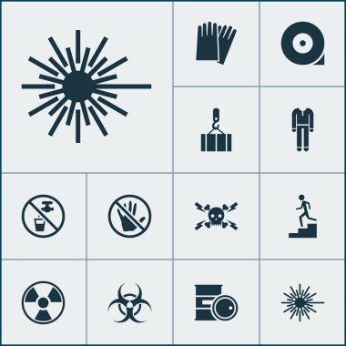 Dikkatli, ayarla koruma simgeler koruma, yüksek gerilim lazer ışını öğeleri ver. İzole illüstrasyon koruma simgeler.