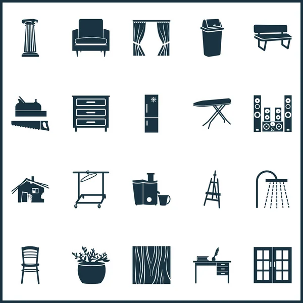 Gehäusesymbole mit Kühlschrank, Vorhang, Mülleimer und anderen Gardinenelementen. isolierte Illustration Gehäuse Ikonen. — Stockfoto