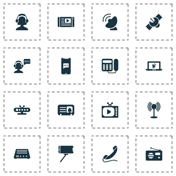 Kommunikációs ikonok beállítása, fm, tv doboz, üzemeltető lány és monopod elemeivel. Elszigetelt illusztráció kommunikációs ikonok. — Stock Fotó