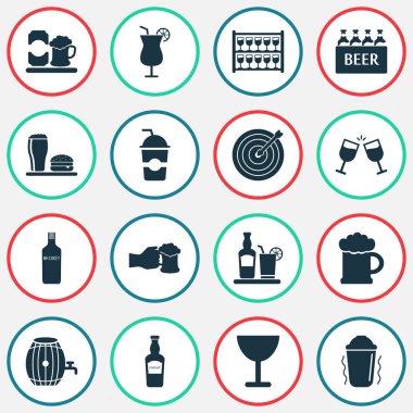 Elit ROM, eylem, kadehi ve diğer kadehi öğeleri shaker ile alkol simgeler kümesi. İzole vektör çizim alkol simgeler.