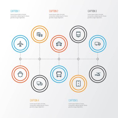 Sevkiyat simge stil helikopter, kamyon, tanker ve diğer taksi öğeleri kümesi satır. İzole vektör çizim sevk irsaliyesi simgeler.