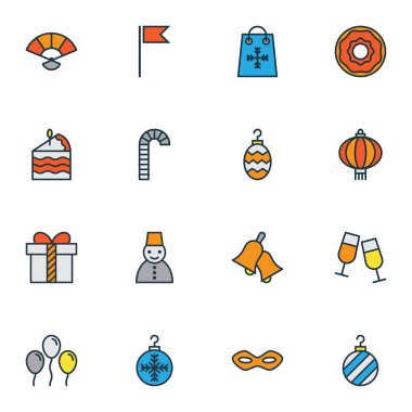 Mutlu simgeler ile kodes gözlük, şeker kamışı, donut Noel top öğeleri ayarla satır renkte. İzole vektör çizim mutlu simgeler.